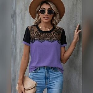 Lace Top Crew Neck Short Sleeve Tee in Purple, Size L